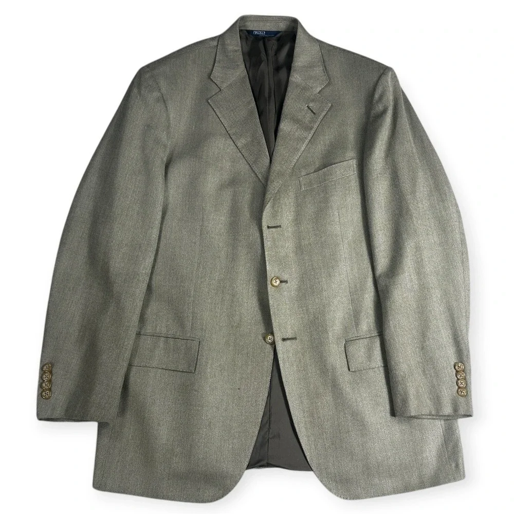 Vintage Polo Ralph Lauren Blue Label Silk‎ Wool Blazer Tan Italy 44L Sport Coat